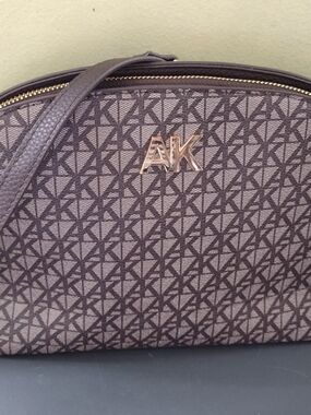 Anne Klein Brown Logo Dome Crossbody Bag with Gold Hardware